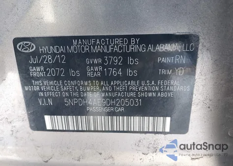 2013 Hyundai Elantra Limited z USA, uszkodzony, nr VIN 5NPDH4AE9DH205031